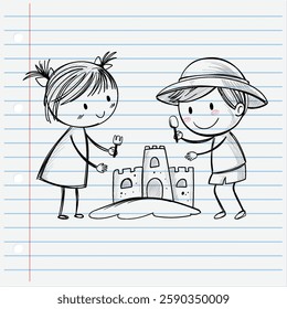 Two kids happily constructing a sandcastle on paper