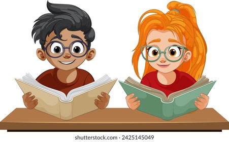 Two kids happily reading books at a table