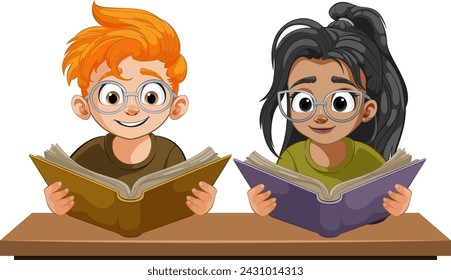 Dos niños leyendo libros felizmente en una mesa.