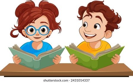 Two kids happily reading books at a table