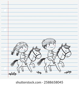 Two kids happily riding horses on lined paper