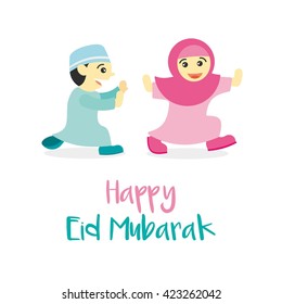 Two kids happy for celebrating Eid Mubarak. Happy Eid Mubarak greeting card