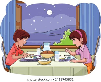 Two kids having dinner on a table vector illustration