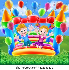 Zwei Kinder, die Spaß beim Springen auf einem Bouncy-Schloss mit Ballons und Streamern haben