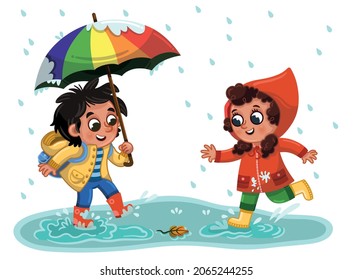 Two kids having fun under the rain. Vector illustration.