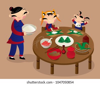 Two kids help their mother making rice dumplings. It is a common custom in old China, many families make their rice dumplings at home to celebrate the Chinese Dragon Boat Festival coming.