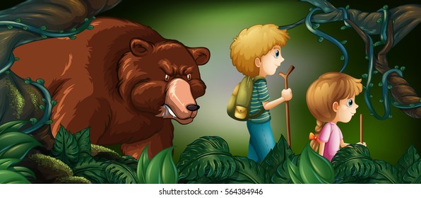 Two kids hiking in deep forest with bear behind  illustration