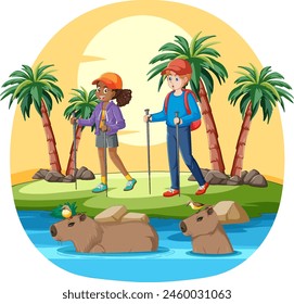 Two kids hiking near river with capybaras and palms.