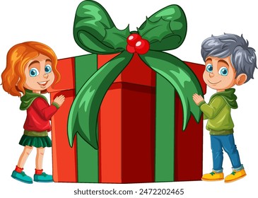 Dos niños sosteniendo un Grande regalo envuelto