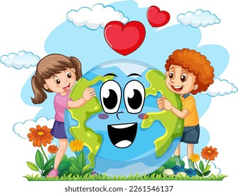 Two kids hugging earth globe in cartoon style illustration
