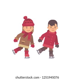 Two kids ice skating. Winter flat illustration
