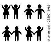 Two kids icon set, black silhouette on white. Boy and girl couple hold hands and hold their hands up, stencil style. Vector shape for friendship or baby care illustration, World children's day design