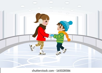 Two Kids In Indoor Skating Rink