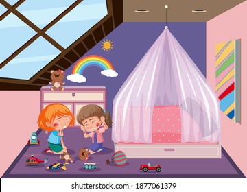 Two kids injured at cheek and arm from playing at bedroom scene illustration