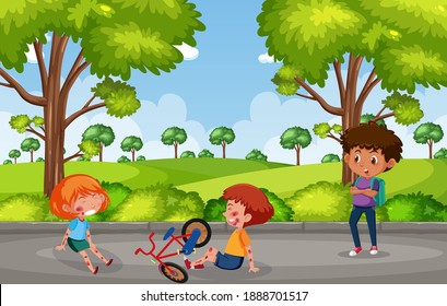 Two kids injured at cheek and arm from riding bycycle at the garden scene illustration