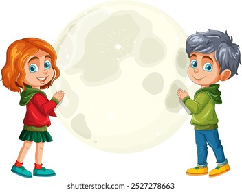 Two kids joyfully embrace a luminous moon