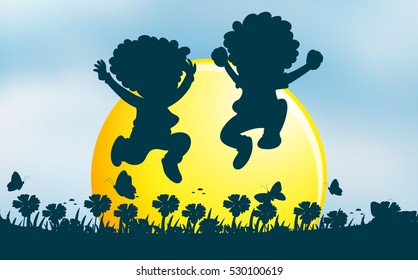Two kids jumping in garden illustration