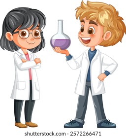 Two kids in lab coats with a beaker