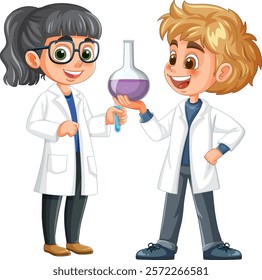 Two kids in lab coats with a beaker