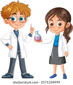 Two kids in lab coats holding a flask