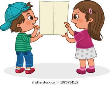 Two kids looking a empty leaflet for general use. Vector illustration.