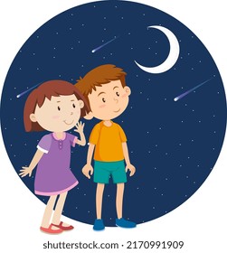 Two kids looking at the moon illustration