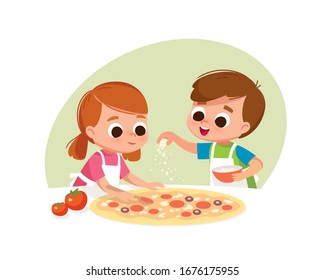 Two kids making pizza. Boy and girl cooking. Two kids making pizza. Boy and girl cooking. Boy salting pizza.