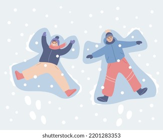 Two Kids Making Snow Angels. Winter Fun, Activity. Friends Playing Outside. Flat Vector Illustration.