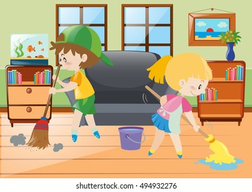 Two kids mopping and sweeping floor illustration