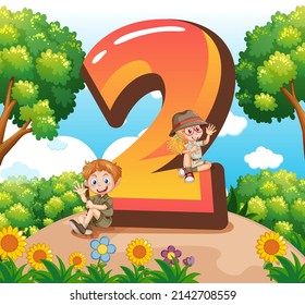 Two kids with number two cartoon illustration