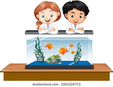 Two kids observe an aquarium fish tank illustration