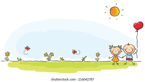 Two kids on the green meadow