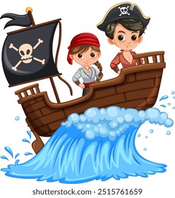 Two kids on a pirate ship