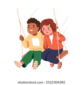 Dos niños en el columpio. Muchacho y muchacha felices que disfrutan de la diversión al aire libre juntos. Alegres niños emocionados lindos amigos sonriendo, jugando en el patio de recreo. Ilustración vectorial plana aislada sobre fondo blanco