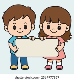 Two Kids One Blank Board Vector