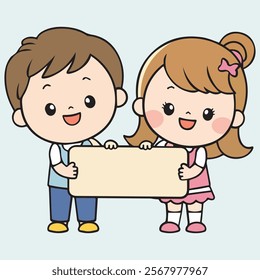Two Kids One Blank Board Vector