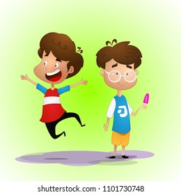Two kids, one of them jumps, the other eats ice cream. Vector