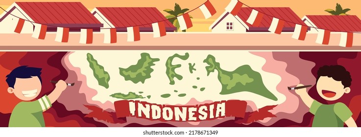 Two Kids Are Painting A Mural To Celebrate Indonesia Independence Day Illustration