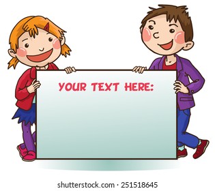 Two kids peeping behind one placard.Back to School isolated objects on white background. Great illustration for a school books and more. VECTOR. Editorial. Education. Advertising. Board.