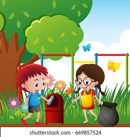 Two kids picking up trash in the park illustration