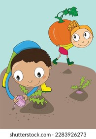 Two kids picking vegetables in a vegetable garden