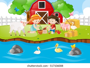 Two kids planting tree by the river illustration