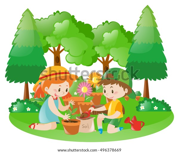 2人の子どもが庭のイラストに木を植える のベクター画像素材 ロイヤリティフリー