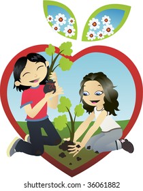 Two kids planting trees on a field