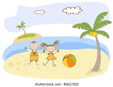 two kids play on the beach