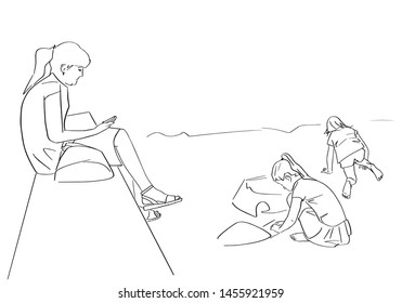 Two kids play with sand on the playground under mom's supervision. Mother reads a book on the bench. Black isolated contour. Hand drawn style. Vector outline. Graphic element.