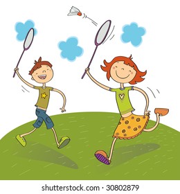 two kids playing badminton, vector illustration