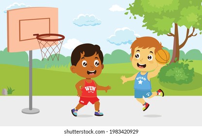 Two Kids Playing Basketball On The Field, African American Boy Jump On The Basketball Field