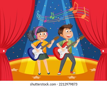 Two kids playing electric guitar on stage illustration