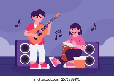 Two kids playing guitar and drum together in a joyful music performance with colorful speaker background. Music activity concept